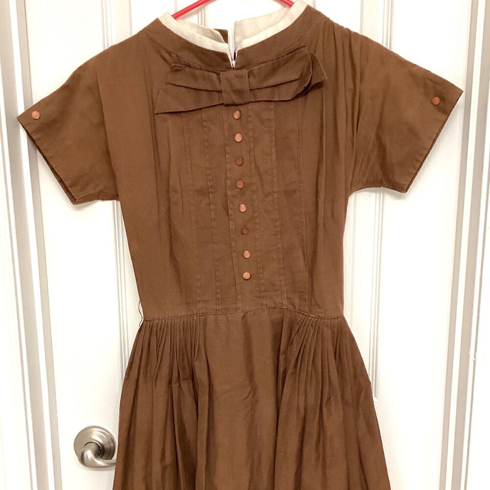 Vintage 50s 60s knee length dress, flare cocktail, extra small, dark brown